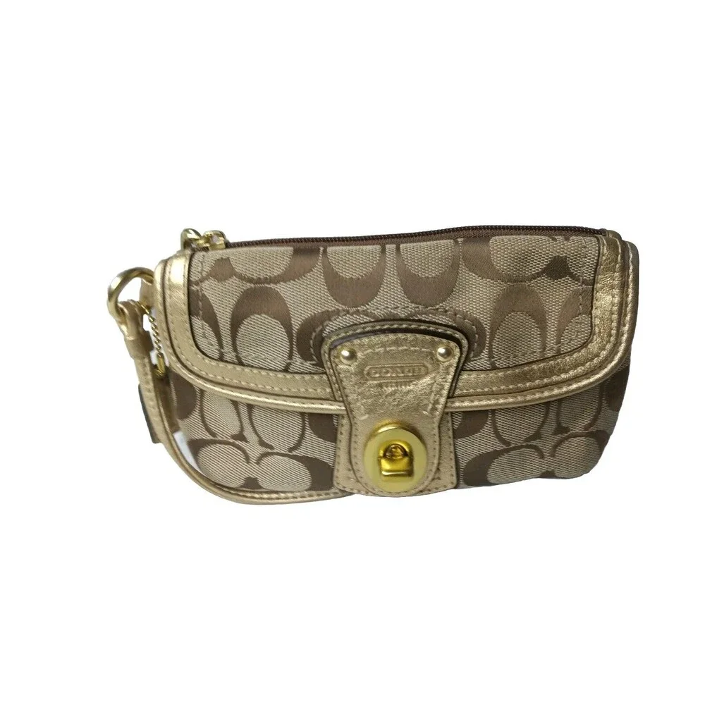 Vintage Coach Signature C Leather Trim Wristlet Khaki & Gold Turnlock - Picture 3 of 7